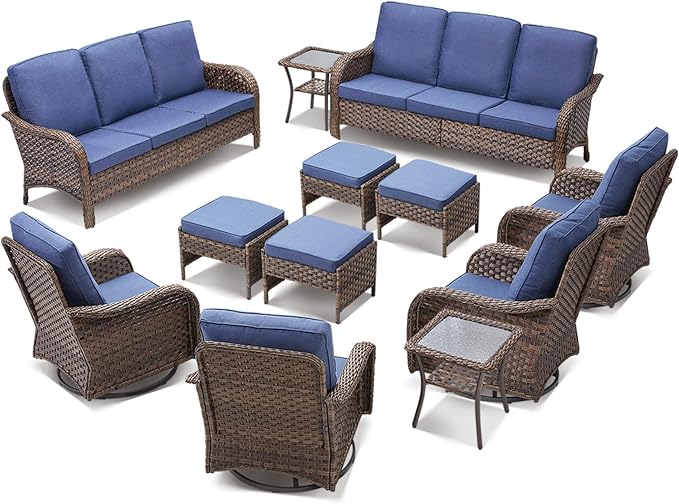 12 Pieces Outdoor Patio Furniture Set-All-Weather Outdoor Furniture Set with High Back Wicker Swivel Patio Chair Set of 4, Patio Conversation Sets for Garden Porch Deck Brown/Blue