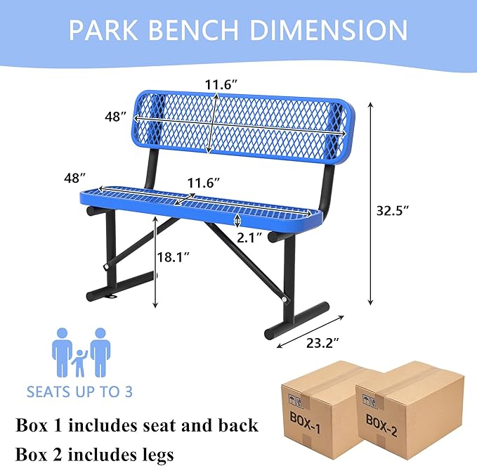 4 Feet Heavy Duty Metal Park Bench for Outside, Outdoor Bench with Backrest & Portable Frame, Thermoplastic Coating, Commercial Benches for Shopping Malls, Stores, Parks, Patios, Decks, Blue