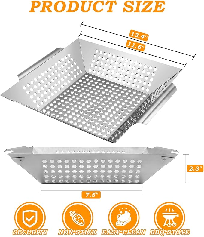 Grill Basket for Outdoor Cooking 13.4 Inch, Stainless Steel Vegetable & Fish Grilling Tray with Handle, Nonstick Dishwasher Safe BBQ Accessories for Camping, Backyard BBQ