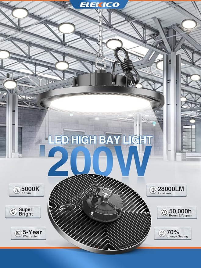 High Bay LED Shop Lights 200W 8 Pack with Plug 5' Cord Safety Rope Hook, Super Bright 28000lm 5000K UFO LED High Bay Light Lighting Lamp for Warehouse Workshop Factory Barn Garage Gym