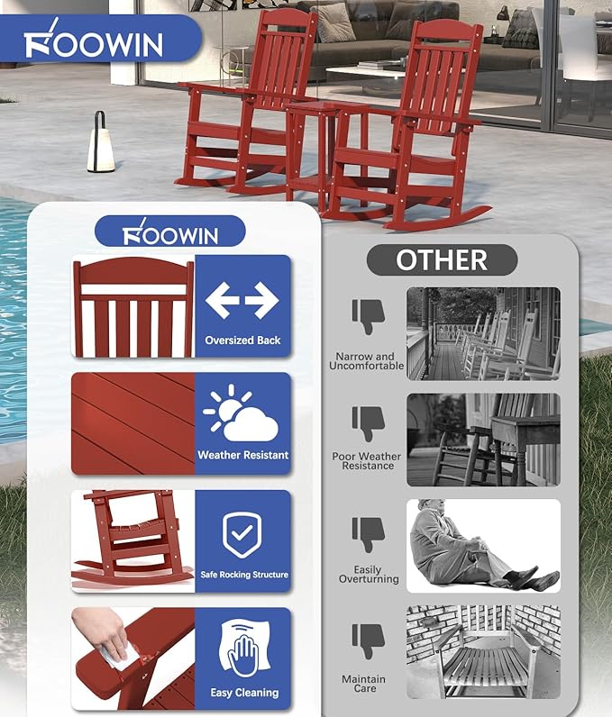 FOOWIN Outdoor Rocking Chair, High Back Patio Rocking Chair, HDPE All Weather Resistant Porch Rocker for Adult, Oversized Rocking Chairs for Garden, Lawn, Indoor & Outdoor Use, Dark Red