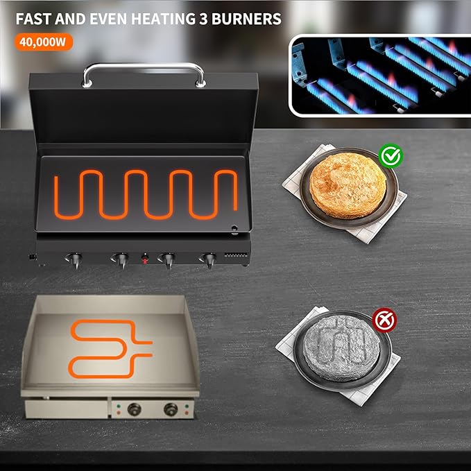 SKOK 4 Burners Outdoor Gas Griddle with Hood, Portable Flat Top Gas Grill-Table Top Propane Griddle Station with Side Shelves