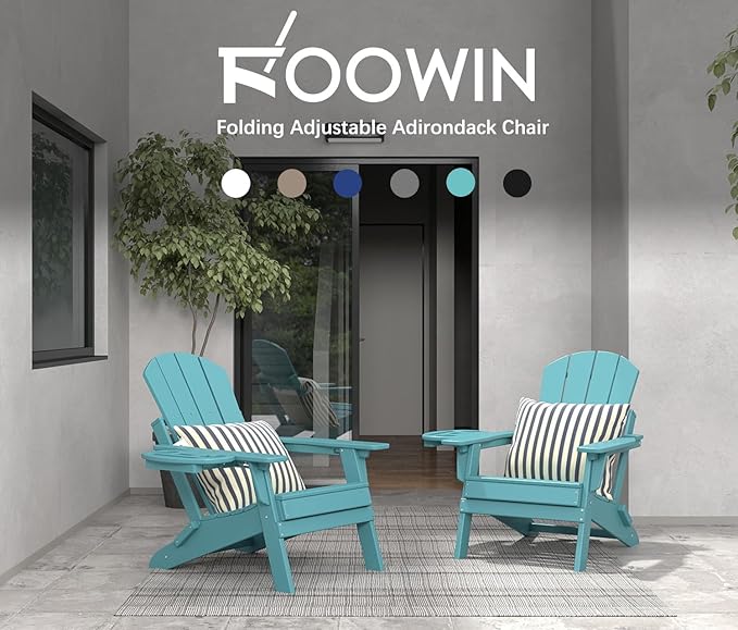 FOOWIN Folding Adjustable Adirondack Chair,HDPE Adirondack Chair w/4 in 1 Cup Holder Trays,All-Weather Resistant Fire Pit Chair, Outdoor Chair for Patio Lawn Poolside,400lbs,Lake Blue