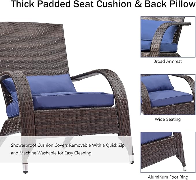 Outdoor Patio Wicker Adirondack Chair Outside Fire Pit Chairs Oversized Comfy Coconino Rattan Armchair Low Deep Seating High Back with Cushion and Pillow for Porch Deck Balcony Lawn Garden Navy Blue
