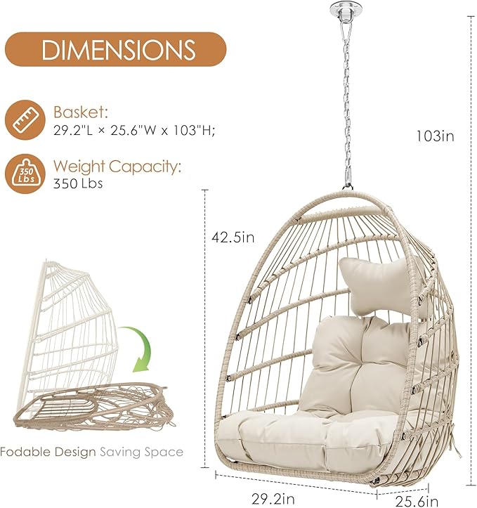 Nicesoul Outdoor Hanging Egg Chair Without Stand, Patio Wicker Swing Egg Basket Chairs with Padded Cushion, 350 Lbs Comfy Cozy Ceiling Tree Swinging Egg-Shaped Chair No Stand for Indoor Balcony, Beige