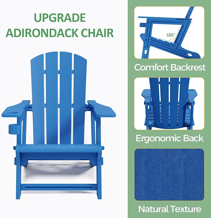 Adirondack Chair Set of 4, All Weather Plastic Adirondack Chairs, Fire Pit Chairs with Cup Holder, Outdoor Lawn Chair for Patio, Garden, Backyard, Klein Blue