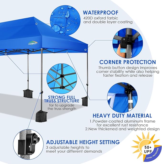 COBIZI 10x20 Heavy Duty Pop up Canopy Tent with 6 sidewalls Easy Up Commercial Outdoor Wedding Party Tents for Parties All Season Wind & Waterproof Gazebo with Roller Bag, Blue(Frame Thickened)