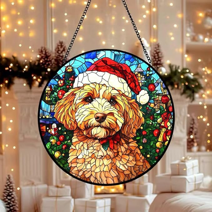 Stained Glass Window Hanging - Christmas Tree and A Dog Wearing a Xmas Hat Suncatcher fof Garden Home Decor for Women Mon Grandma Friends