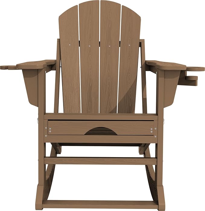 KINGYES Adirondack Rocking Chair with Retractable Ottoman and Cup Holders, HDPE Adirondack Rocker Patio Rocking Chair for Porch, Patio, Balcony, Brown