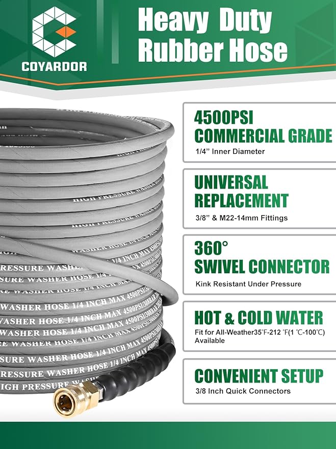1/4" Pressure Washer Hose 125 FT 4500 PSI, Steel Braided Layer & NonMarking Rubber for Hot/Cold Water High Power Washer Replacement With Quick Connect & M22 Fitting, Industrial-grade