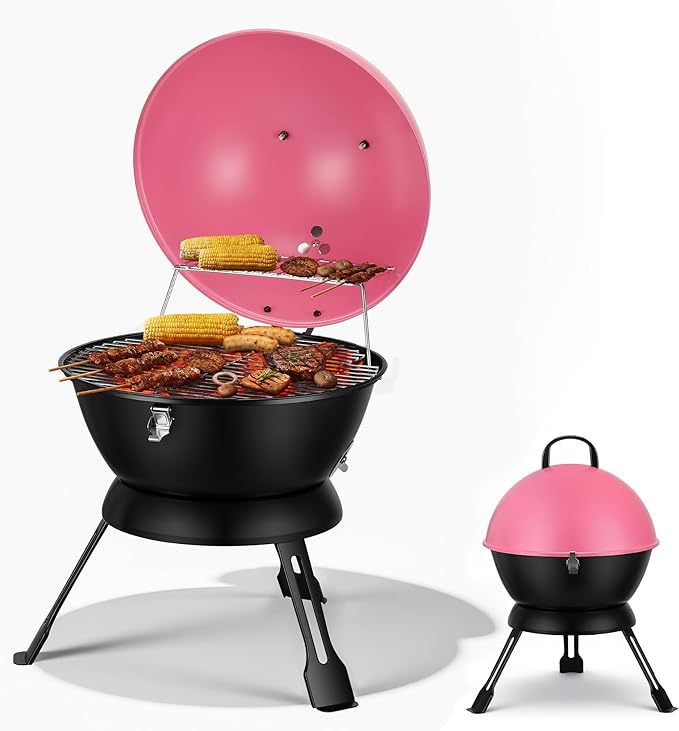 14-Inch Portable Barbecue Grill,Outdoor Small Grill with Dual Venting System and Warming Rack for Picnic, Camping, Backyard,Pink