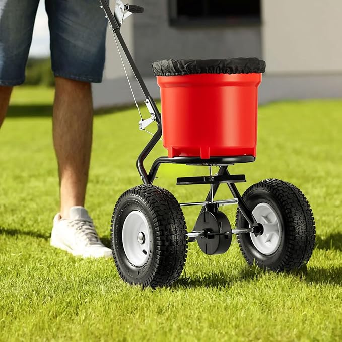 Fertilizer Spreader, 90LBS Walk Behind Push Spreader, Broadcast Spreader for Seed, Fertilizer, Salt with 12.5-Inch All Terrain Pneumatic Tires
