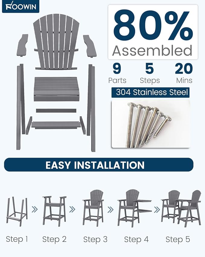 FOOWIN Tall Adirondack Chair Set of 2, All Weather HDPE Bar Height Adirondack Chair with Double Connecting Trays, Adirondack Barstools for Balcony, Deck, Backyard, Patio, Garden Grey