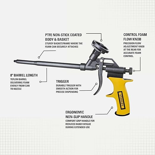 Stanley PRO-FG2 Foam Gun – High Precision Professional Grade 8" Applicator with Teflon Coated Basket, Metal Body & Extension Nozzles | for Expanding Insulation Foam | 1 Pack, 8 in
