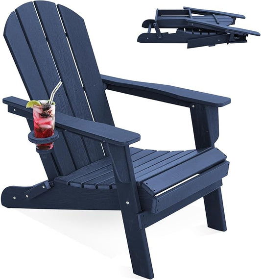 LOUNZY Folding Adirondack Chair, HDPE All-Weather Folding Patio Chair Chair with Cup Holders, Outdoor Patio Adirondack Chair for Deck Lawn Fire Pit, Navy