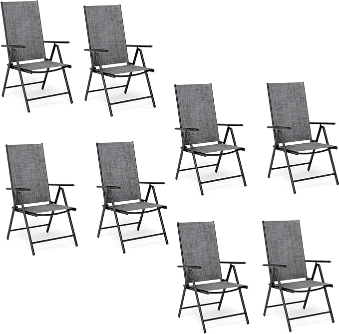 MFSTUDIO Patio Folding Chairs Set of 8, Outdoor Patio Dining Chairs, Portable Grey Sling Patio Chairs, 7 Levels Adjustable Sling Back Chairs for Backyard Lawn Garden