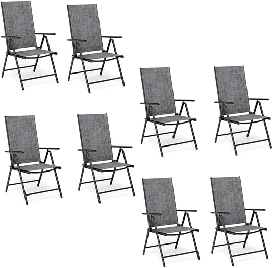 MFSTUDIO Patio Folding Chairs Set of 8, Outdoor Patio Dining Chairs, Portable Grey Sling Patio Chairs, 7 Levels Adjustable Sling Back Chairs for Backyard Lawn Garden