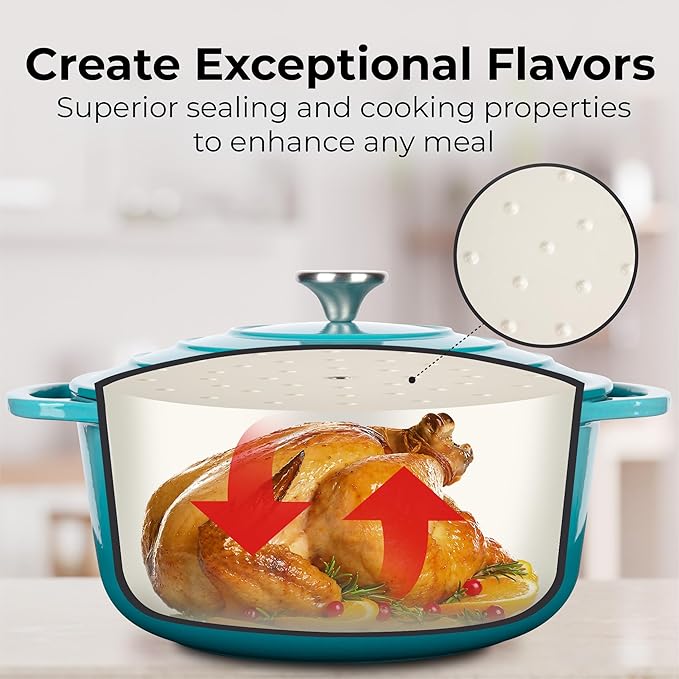 Zulay Kitchen 6 Quart Enameled Cast Iron Dutch Oven with Lid – Premium Durability & Oven Safe up to 500°F – Heavy Duty Cookware Perfect for Bread Baking, Stews, Braising & Roasting – Light Blue