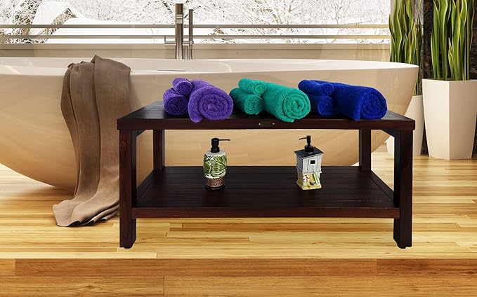 DecoTeak 36 Inch Eleganto Teak Shower Bench | Waterproof Bathroom Seat with Large Storage Shelf Spa-Style Teak Wood Stool for Adults & Seniors | Non-Slip Feet | Elegant Finish | 250 Pound Capacity