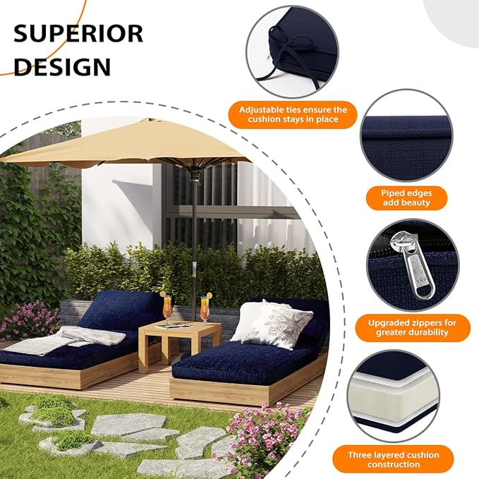 Sundale Outdoor Olefin Chaise Lounge Cushion Set of 2, Water-Resistant Patio Lounge Chair Cushion, Thick Lounger Pad with 4 Straps Navy Blue, 80 x 26 x 4 Inches