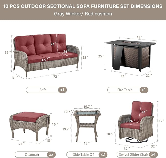 Belord Expansive 10 Pieces Outdoor Patio Furniture Set with 43” Propane Fire Pit Table, Patio Conversation Set with Swivel Rocker Outdoor Chairs Set of 4 and Sofa, Ottoman and Wicker Side Table Gray