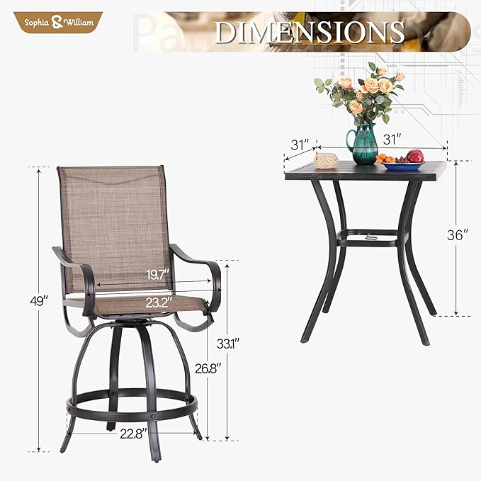 Sophia & William Outdoor Bar Set, Patio Bar Table and Chairs Set, Counter Height Patio Set - 2 x Swivel Bar Chairs, 1 x Square Bar Table for Porch, Yard, Garden, Balcony, Deck