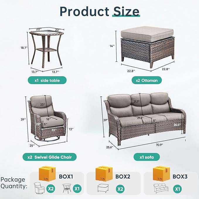 Outdoor Swivel Rocker Patio Chairs Set of 6-5" Thick Cushion 6 Piece Furniture Set with Fire Pit Table All Weather Wicker Conversation Set for Porch Deck - Brown Wicker | Grey Cushions