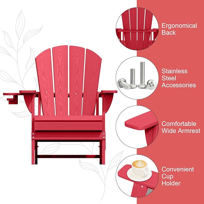 Folding Adirondack Chair, HDPE All-Weather Patio Chairs for Outdoor, Patio, Lawn, Garden, Backyard Deck, Fire Pit - Red