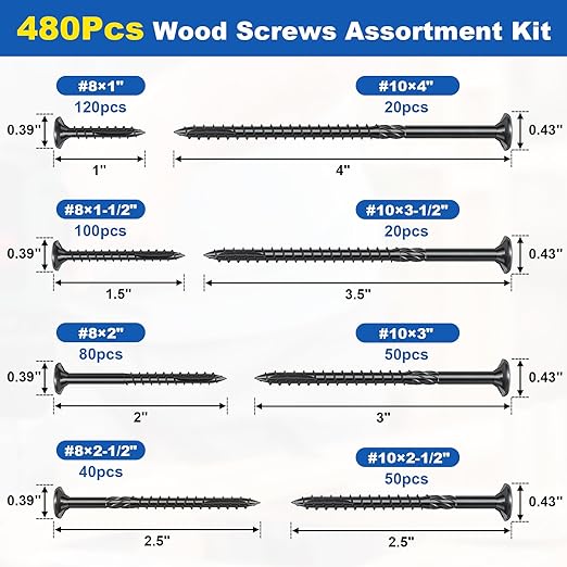 480Pcs Deck Screws, #8#10 Wood Screws Assortment Kit, 8Sizes Assorted Screw Set, Rust Resistant Torx Screws with Flat Head, Black Screw Kit for Woodworking Projects, Star Bit Included