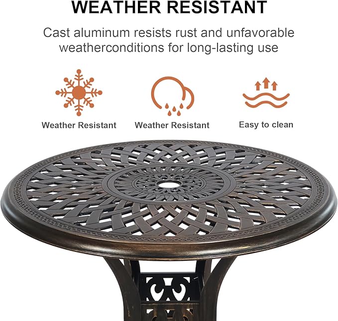 Outdoor Bistro Set 3 Piece, All Weather Bistro Table and Chairs Set, Cast Aluminum Patio Bistro Sets with 2.36" Umbrella Hole, Patio Furniture Set for Garden Porch