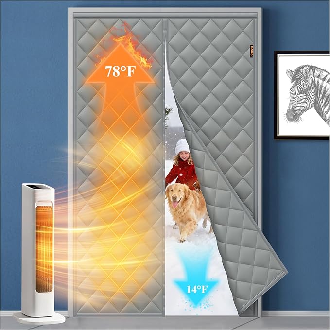 MAGZO Magnetic Thermal Insulated Door Curtain, Fits 32'' x 80'' Door(Curtain Size 34'' x 82''), 5 Layers Oxford&Cotton Cover Blanket Insulation for Winter/Doorway/Attic Doors, Keep Cold Air Out, Grey