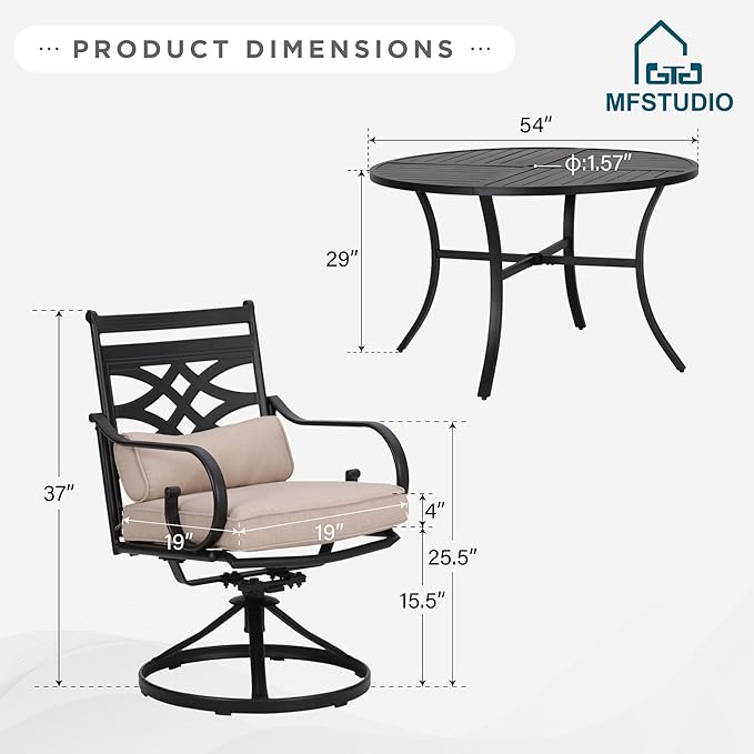 MFSTUDIO Round Patio Table and Chairs Set, Patio Dining Sets for 6 with Swivel Chairs, 7 Piece Outdoor Dining Set with Umbrella Hole, Outdoor Patio Furniture Set for Deck Backyard Garden