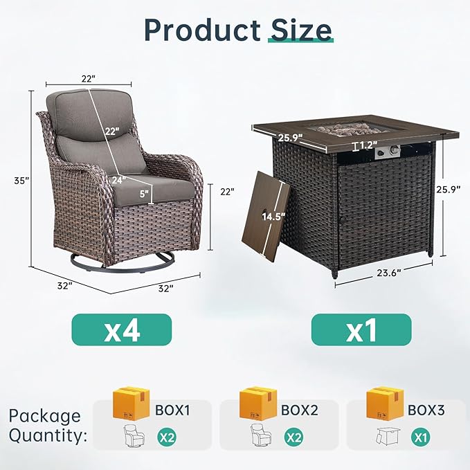 Outdoor Swivel Rocker Patio Chairs Set of 4 with Fire Table - 5" Thick Cushion 5 Piece Furniture Set with Fire Pit Table All Weather Wicker Conversation Set for Porch Deck - Brown/Gray