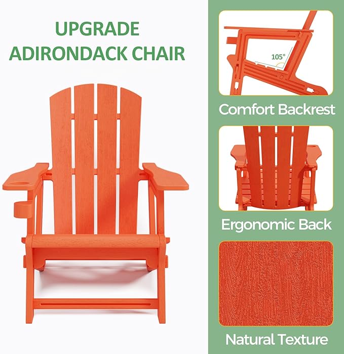FONTOI Adirondack Chair, Patio Chairs with Cup Holder, Plastic Adirondack Without Screws Install, Outdoor Funiture for Backyard Garden Lawn Beach, 400 LBS Capacity, Orange
