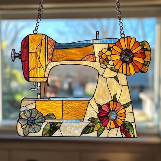 Sewing Machine Christmas Ornament Acrylic Suncatcher with Floral Design Stained Glass Effect Window Hanging Gifts for Sewer and Quilter Craft Room Garden Decor Crafter Birthday Present