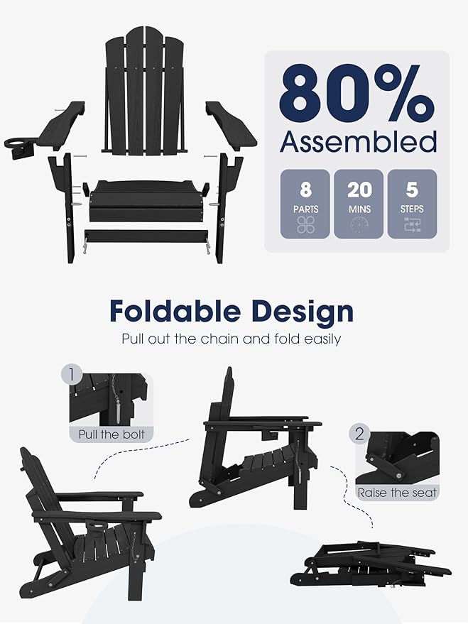 KINGYES Adjustable Folding Adirondack Chair Set of 2, 3-Position Reclining Adirondack Chairs with Cup Holder, HDPE All-Weather Oversized Adirondack for Outdoor, Patio, Backyard Deck, Fire Pit, Black