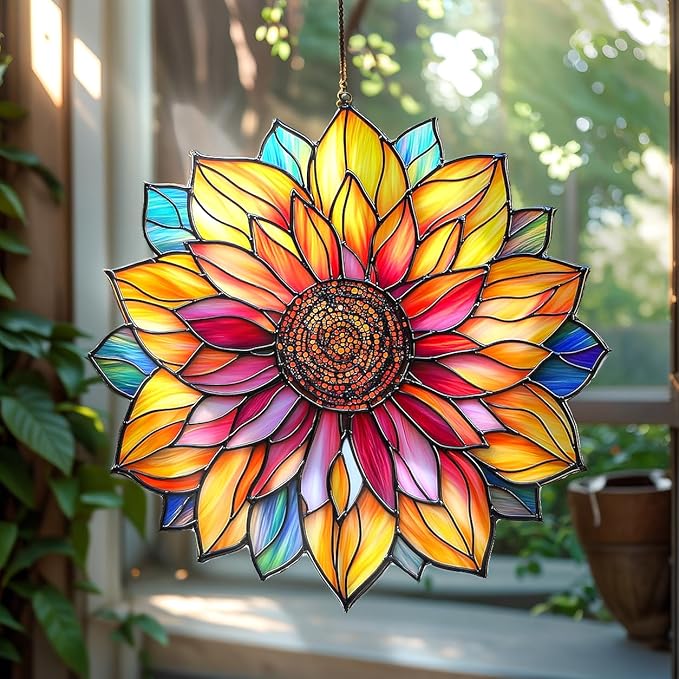 Colorful Sunflower Christmas Ornament Flower Suncatcher Window Hanging Acrylic Stained Glass Effect Art Garden Decor Unique Gift for Mom Women Grandma Gardener Thanksgiving