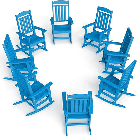 FOOWIN Outdoor Rocking Chair Set of 8, High Back Patio Rocking Chair, HDPE All Weather Resistant Porch Rocker for Adult, Oversized Rocking Chairs for Garden, Lawn, Indoor & Outdoor Use, Pacific Blue