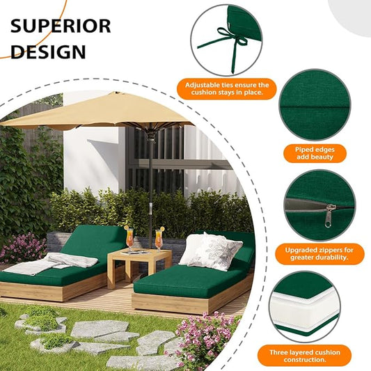 Sundale Outdoor Olefin Chaise Lounge Cushion, Water-Resistant Patio Lounge Chair Cushion, Thick Lounger Pad with 4 Straps Dark Green, 72 x 21 x 4 Inches