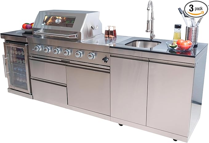 98 Inches 4-Burner 72000 BTU Deluxe Stainless Steel Propane Gas Outdoor Kitchen Bar Barbecue Island Grill, Wine Cooler Compact Refrigerator, Granite Countertops, Stainless Steel Sink, Silver