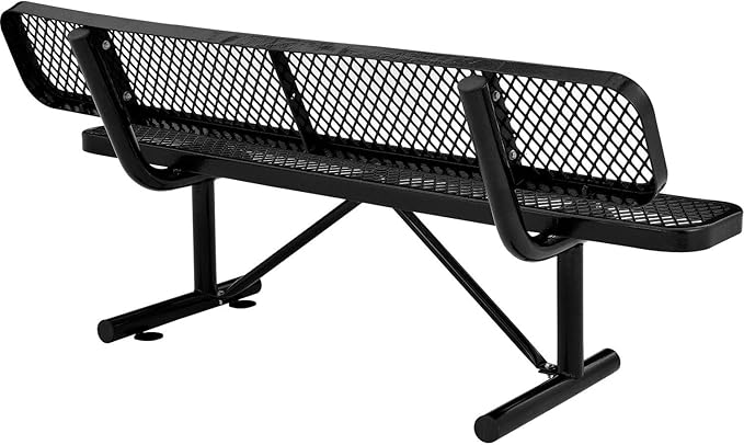 Global Industrial 6'L Heavy Duty Expanded Metal Mesh Bench with Backrest with Steel Frame, Portable Outdoor Bench, 1000 lbs Capacity, Black, 72" L x 24" W x 33" H