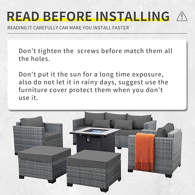 6 Pieces Wicker Patio Furniture Sets Outdoor Conversation Set PE Rattan Sectional Sofa Couch with 30" Fire Pit Table and Grey Cushions