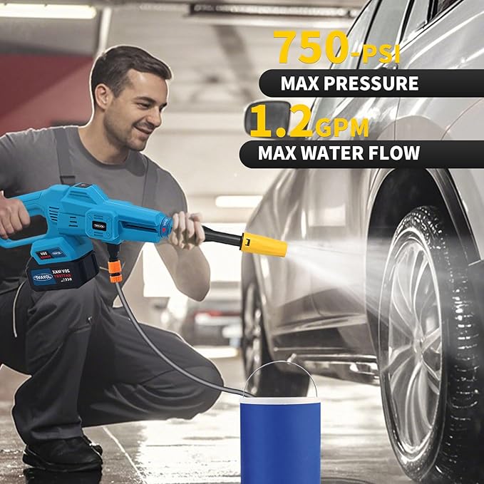 Cordless Pressure Washer, Portable Power Cleaner, 750PSI High Pressure Water, 3 Speed, 6-in-1 Nozzle Handheld Pressure Washer for Car, Home, Garden Cleaning (1 Battery)