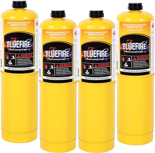 BLUEFIRE Modern MAPP Gas Cylinder, 14.1 oz, Hotter than Propane! Variation of Quantity Bundles Available (4)