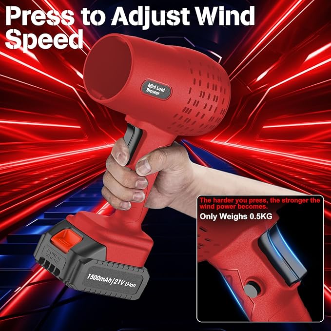 Leaf Blower with 21V*2 Pcs Batteries, 950000RPM Powerful Fan, High Variable Speed 200 MPH, Handheld Air Blower, Perfect for Car Drying, Patio Cleaning, Lawn Caring, Leaves Blowing (Red)