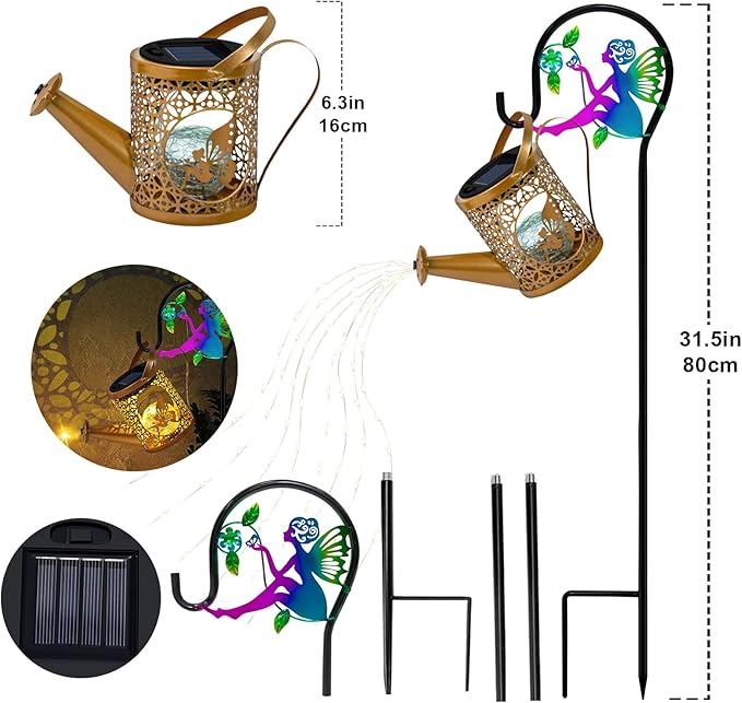 Solar Lights Garden Decorative, Solar Watering Can with Cascading Lights, Waterproof Metal Lantern with Fairy Shepherd Hook, Outdoor Decor for Yard, Patio, Gifts for Mother's Day, Christmas, Women