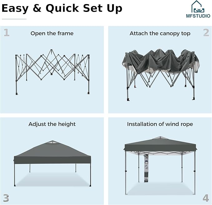 MFSTUDIO Pop Up Canopy Tent, 10x10 Outdoor Canopies Instant Portable Shelter Tens with Vented Top, Storage, 4 Sandbags, Beach Canopy