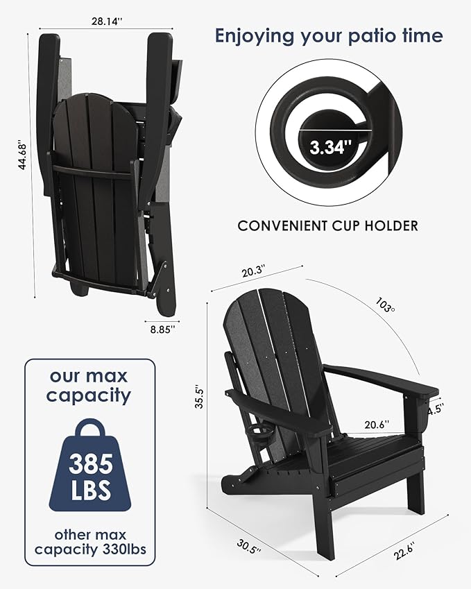 Folding Adirondack Chairs, All-Weather Resistant HDPE Patio Firepit Chairs, Sturdy Outside Chairs with Cup Holder, Lawn Chairs, 80% Pre-Installed Load Capacity 385lb, Black