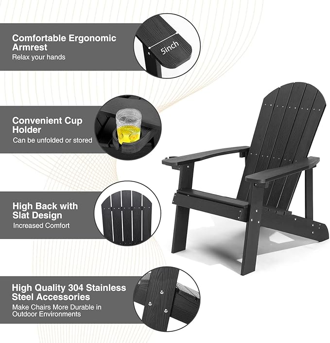 Adirondack Chair, All Weather Resistant Plastic Chairs with Cup Holder, 5 Easy Steps to Install, Outdoor Chairs for Patio, Garden, Backyard Deck, Lawn, Fire Pit - Black