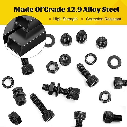 272PCS M5 Screws, Nuts and Washers Assortment kit, M5x8/10/12/16/20/25/30/35 mm Hex Socket Head Cap Bolts Assorted Set - 12.9 Alloy Steel, Black Zinc Plated Anti-Rust